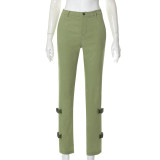Women's Fall Solid Casual Button Zip Snap Slim Fit Straight Trousers
