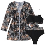 Women Two Pieces High Waist Swimsuit Long Sleeve Sun Protection Blouse Three Piece Set