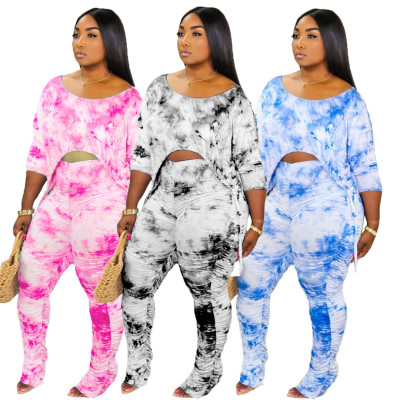 Autumn Women'S Digital Printing Drastring Open Waist Two Piece Pants Set