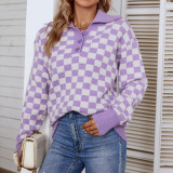 Women'S Autumn And Winter Knitting Shirt Contrasting Plaid Turndown Collar Sweater