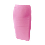 Ladies Fashion Elegant Solid Color Knee Length High Waist Elastic Bodycon Skirt