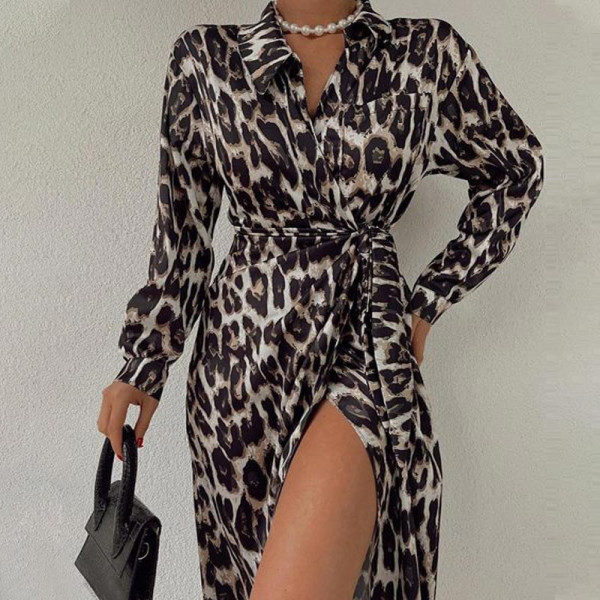 Women'S Fall Elegant Print Wrap V-Neck Long Sleeve Slit Long Dress