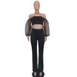 Women'S Sexy Off-The-Shoulder Mesh Puff Sleeve Crop Top And Pants Women'S Two Piece Set