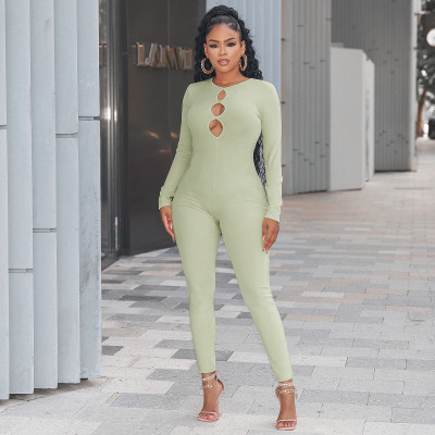 Women'S Autumn/Winter Solid Color Keyhole Long Sleeve Slim Fitted Jumpsuit