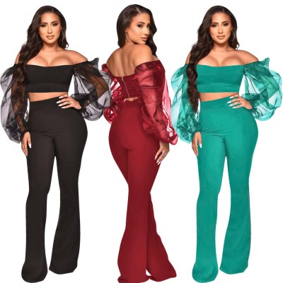 Women'S Sexy Off-The-Shoulder Mesh Puff Sleeve Crop Top And Pants Women'S Two Piece Set