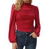 Autumn And Winter Solid Color Long Lantern Sleeves Ruched Slim Fit Top