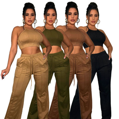 Women'S Solid Color Ribbed Camisole Match Patchwork Pants Two Piece Set