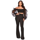 Women'S Sexy Off-The-Shoulder Mesh Puff Sleeve Crop Top And Pants Women'S Two Piece Set