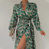 Women'S Fall Elegant Print Wrap V-Neck Long Sleeve Slit Long Dress