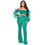 Women'S Sexy Off-The-Shoulder Mesh Puff Sleeve Crop Top And Pants Women'S Two Piece Set