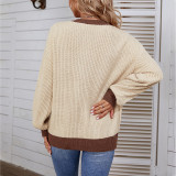 Women Fall/Winter Contrast Color Button Round Neck Pullover Knitting Shirt Lantern Sleeve Sweater