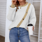 Women Fall/Winter Contrast Color Button Round Neck Pullover Knitting Shirt Lantern Sleeve Sweater