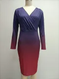 Women'S Gradient Slim Fit Long Sleeve Sexy Deep V Neck Bodycon Dress