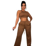 Women'S Solid Color Ribbed Camisole Match Patchwork Pants Two Piece Set