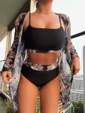 Women Two Pieces High Waist Swimsuit Long Sleeve Sun Protection Blouse Three Piece Set