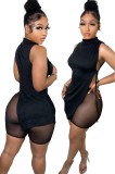 Women'S Solidl Color Sleeveless Slit Asymmetric Top High Waist Mesh Shorts Two Piece Set