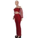 Women'S Sexy Off-The-Shoulder Mesh Puff Sleeve Crop Top And Pants Women'S Two Piece Set