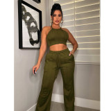 Women'S Solid Color Ribbed Camisole Match Patchwork Pants Two Piece Set