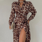 Women'S Fall Elegant Print Wrap V-Neck Long Sleeve Slit Long Dress