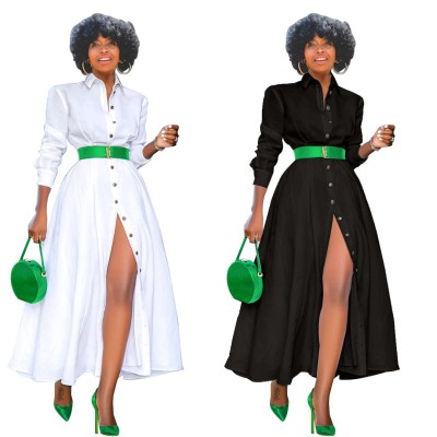 Women'S Solid Color Long Sleeve Long Swing Dress Shirt Dress