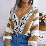 Women Fall/Winter Contrast Leopard Print Lantern Sleeve Striped Sweater