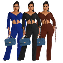 Women Fall Winter Long Sleeve Ribbed Pleated Sexy Crop Top+ Pants Two Piece