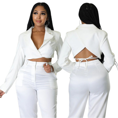 Women Solid V-Neck Long Sleeve Crop Blazer