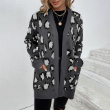 Women Fall/Winter Leopard Print Pocket Cardigan Sweater