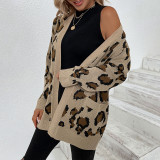 Women Fall/Winter Leopard Print Pocket Cardigan Sweater