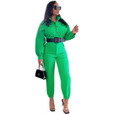 Women Fall Solid Turndown Collar Button Long Sleeve Jumpsuit （without belt）