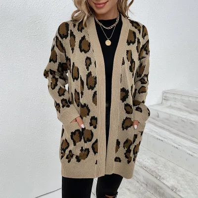 Women Fall/Winter Leopard Print Pocket Cardigan Sweater
