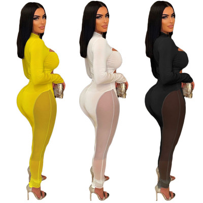 Women Mesh Patchwork Sexy Long Sleeve Jumpsuit