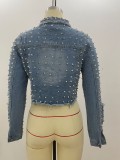 Women Studded Long Sleeve Crop Denim Jacket