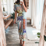Summer Women Printed Short Sleeve Lace Up Long Shirt Dress