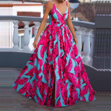 Women V-Neck Print Sling Holidays Slit Dress