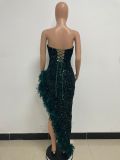 Women Sexy Off Shoulder Backless Sequin Feather Dress