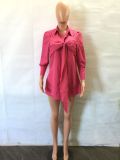 Women Sexy Solid Color Tie Long Sleeve Shirt Dress
