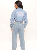 Women Elastic Waist Washed Denim Jacket