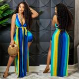 Summer Women Sexy Striped Print Sleeveless Sling Jumpsuit