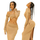 Women Fall Long Sleeve U Neck Crop Top+ Long Dress Two Piece