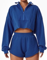 Women Casual Zip Stand Collar Long Sleeve Hoodies + Shorts Two Piece