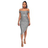 Women French Off Shoulder Sequin Pleated Dress