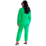 Women Fall Solid Turndown Collar Button Long Sleeve Jumpsuit （without belt）