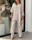 Women's linen fashion Casual Plus Size Irregular Long Sleeve Suit Wide Leg Pants Set