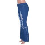 Ripped Denim Trousers Women's Casual Fringe Bell Bottom Pants