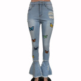 Women's Fringed Ripped Classic Print Butterfly Jeans Trousers