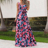 Women's Chic Fashion Print Sling Elegant Lace-Up Dress
