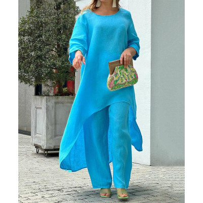 Women's linen fashion Casual Plus Size Irregular Long Sleeve Suit Wide Leg Pants Set