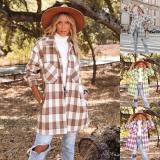 women's autumn and winter plaid print Casual long woolen coat