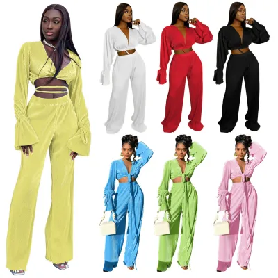 Fall/Winter Women's Pleated Lace-Up Wide Leg Pant Set